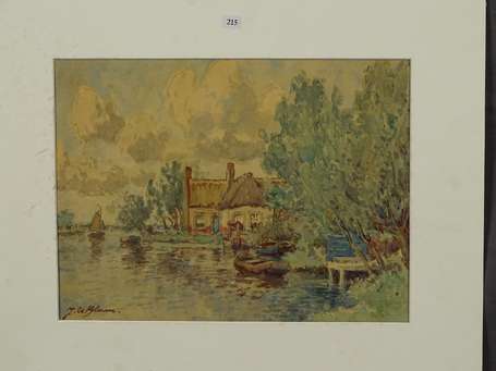 Jean Le Blanc 1863-1949 Bord de canal Aquarelle 