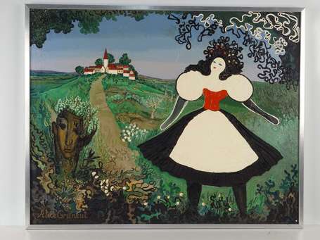 GRUNHUT Alice Xxé Femme dans un paysage. Huile sur