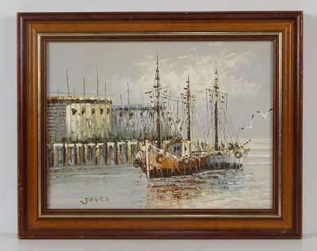 JONES, Bateaux de pêche amarré, huile sur toile, 