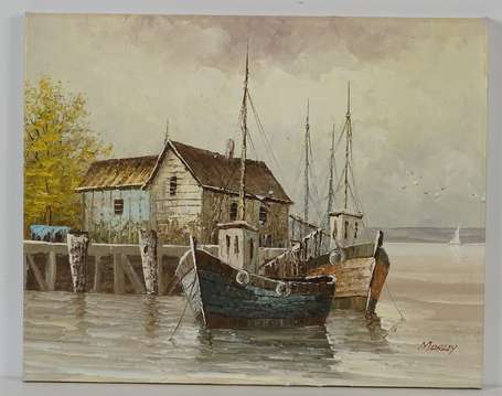 MORLEY XXè Bateau de pêche au port Huile sur toile