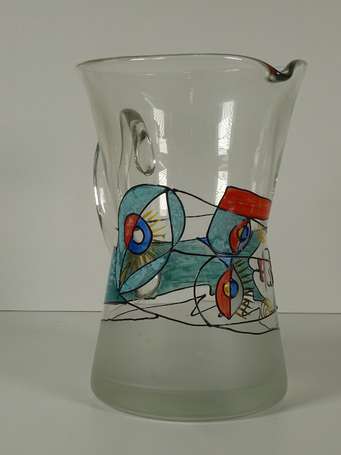 Pichet diabolo en verre à décor émaillé polychrome