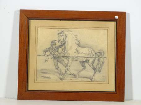 ECOLE XIXé L'ecuyer et cheval. Crayon. 29 x 38 cm