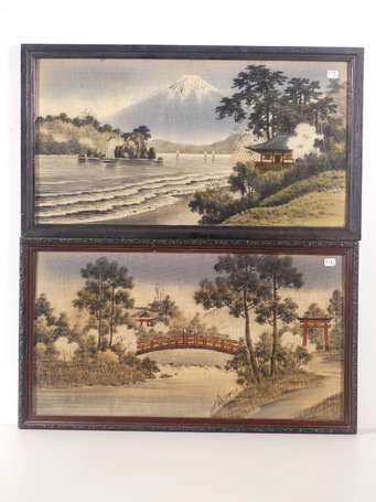 JAPON - Paysages aux pagodes. Deux gouaches sur 