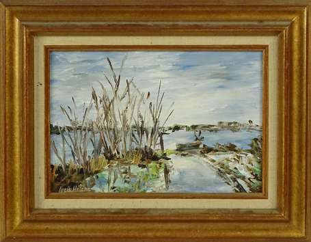 HELENE Lucie XXe - Bord de rivière. Huile sur 