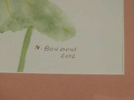 BOUDOUL N. XXe - Roses Trémière. Aquarelle, signée