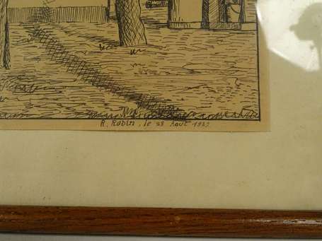 ROBIN R. XXe - Maison dans un sous-bois. Encre, 