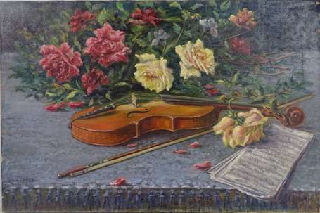 LACOMBE A. XXe - Nature morte au violon. Huile sur