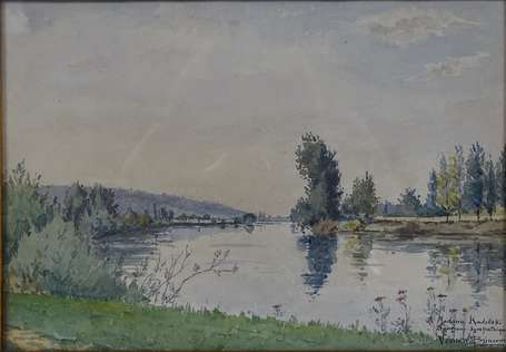 BRINCOURT Vernon XXe - Bord de rivière. Aquarelle 