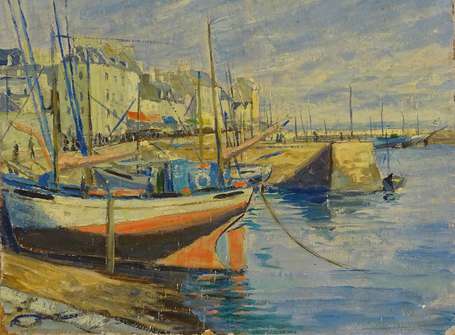 ECOLE XXe - Port. Huile sur panneau d'isorel. 33 x