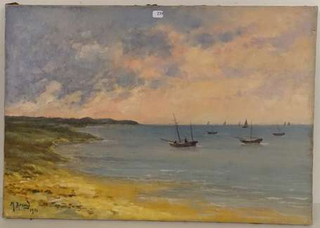 ECOLE XXe - Bord de mer au crépuscule. Huile sur 