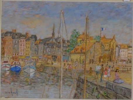 ECOLE XXe - Port de Honfleur. Pastel, signé en bas