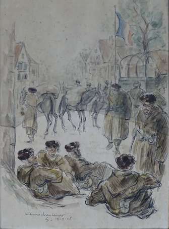 ECOLE XXe - Soldats à Kleimsachsenheim. Aquarelle 