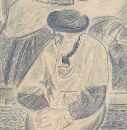 SIMON Henri (1910-1987) Sur le banc. Crayon, signé