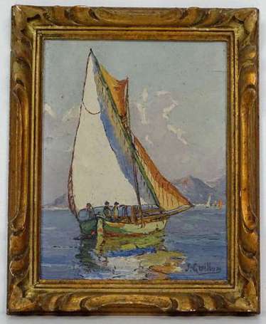 GUILLON J. Barque de pêche à voile. Huile sur 