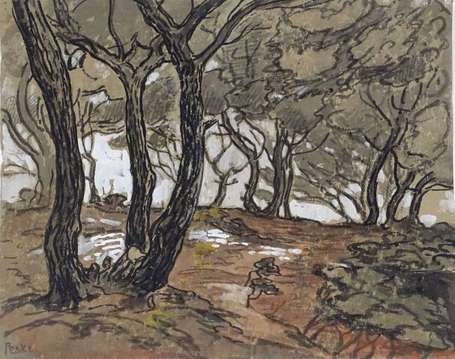 PESKE Jean (1870-1949). Sous bois. Aquarelle, 