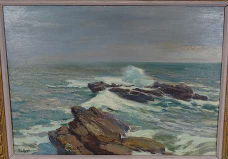 VOLLET Henri (1861-1945) - Rochers en mer. Huile 