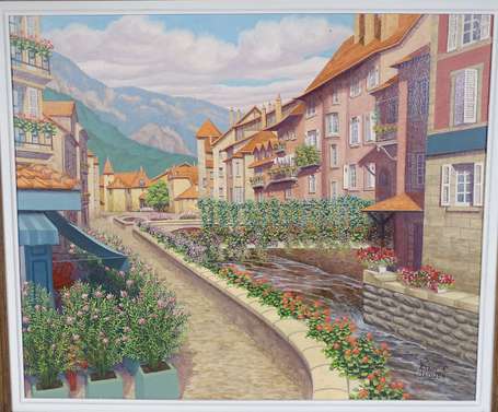 JAOUEN Alain XXe - Vue d'Annecy. Huile sur carton,