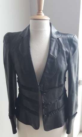 SALVATORE FERRAGAMO - Veste en cuir noir ornée de 