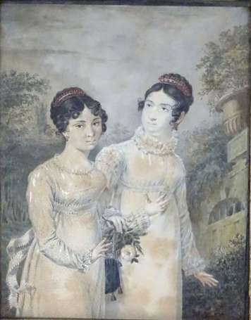 ECOLE XIXe. Deux élégantes dans un jardin. Crayon 