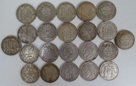 Lot de 22 pièces de 5 Francs Argent XIX ème. 
