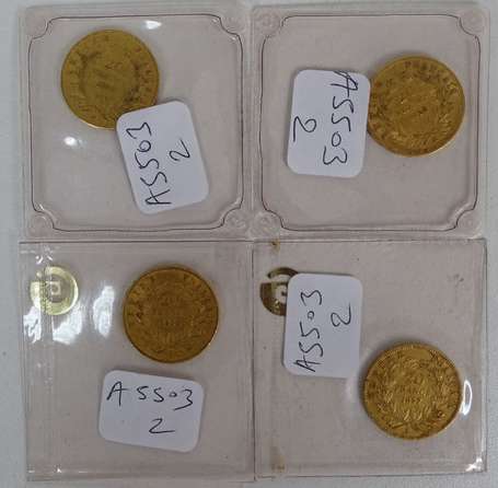 Lot de 4 monnaies en or 20 Francs Napoléon III non