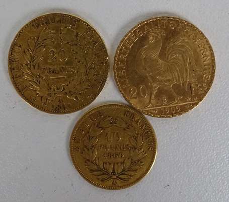 Lot de 3 pièces en or 20 F Cerès 1851 A Coq 