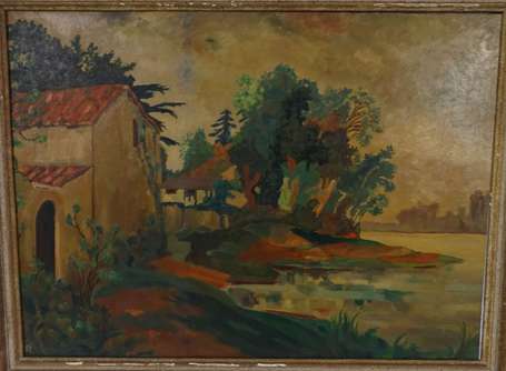 ECOLE XXe - Maison en bord de rivière. Huile sur 