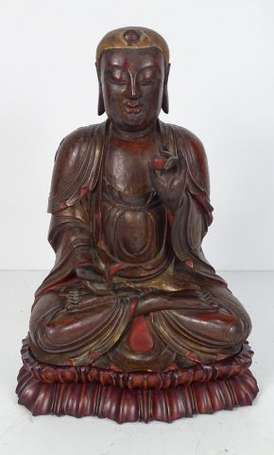 CHINE - Statuette de bouddha en bois laqué rouge 