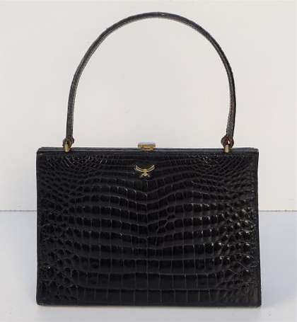 LANCEL - Sac porté main Vintage en croco noir 