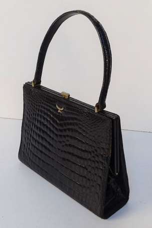 LANCEL - Sac porté main Vintage en croco noir 