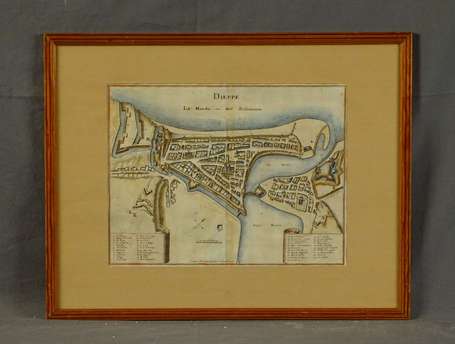 Carte de Dieppe, gravure en couleurs d'après 