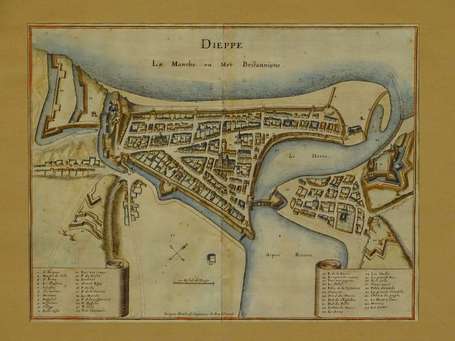 Carte de Dieppe, gravure en couleurs d'après 