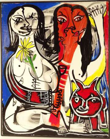 MENELAW Sete (1964) - Femmes au chat. Acrylique 
