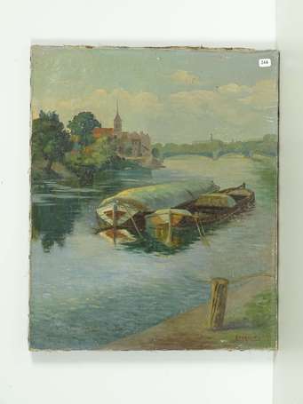 LEBRUN H. XXé Paysage au pont Huile sur toile 