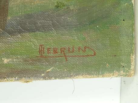 LEBRUN H. XXé Paysage au pont Huile sur toile 