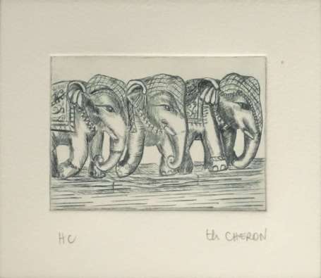 CHERON Th. XXe - Eléphants. Gravure, signée en bas