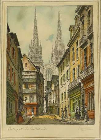 BARDAY XXe - Quimper, La Cathédrale. Lithographie 