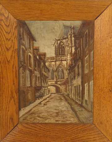 ECOLE XXe - Ruelle pavée. Huile sur toile, signée 