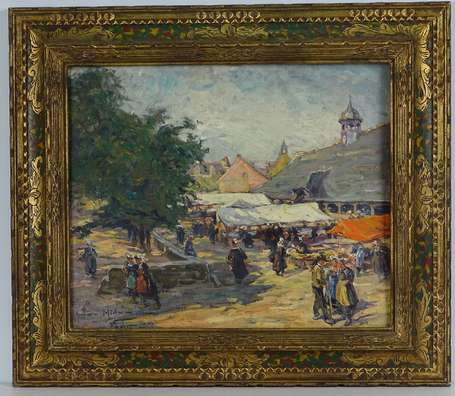 MIDY Arthur (1887-1944) - Marché à Faouët. Huile 