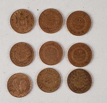 Neuf pièces de 20 francs or, Napoléon III tête nue