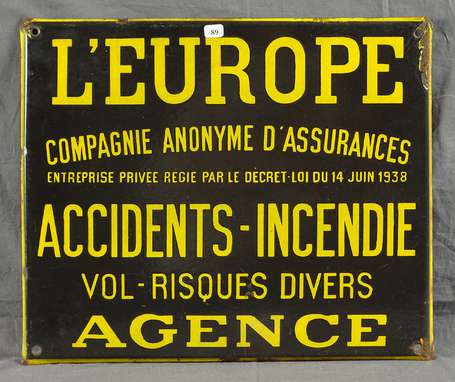 L'EUROPE Compagnie Anonyme d'Assurances : Plaque 