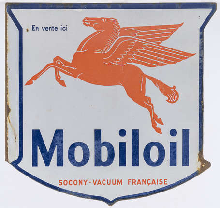 MOBILOIL : Plaque émaillée double-face à équerre, 