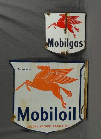 MOBILOIL : Plaque émaillée double-face à équerre, 