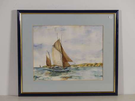 MAHEAS Thierry Xxé Sècle Thonier en mer Aquarelle 