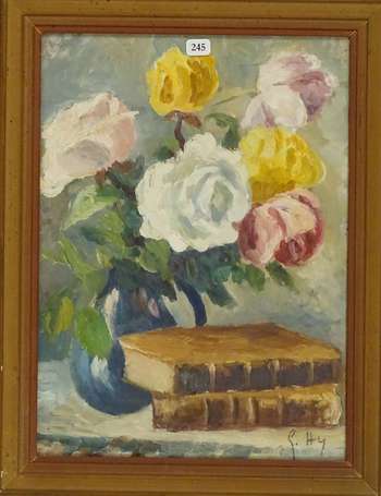 HY G. XXe - Bouquet de roses blanches, jaunes et 