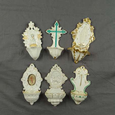 6 bénitiers en porcelaine décor de croix, Vierge 