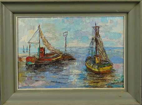 GICQUEL Germaine XXe - Bateaux. Huile sur toile, 