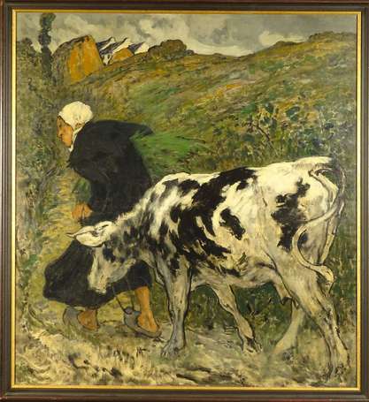 ECOLE DE PONT-AVEN - La gardienne de vache. Huile 