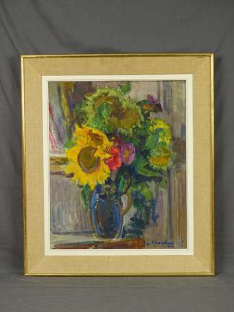 ECOLE XXe - Bouquet aux tournesols. Huile sur 