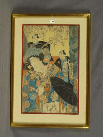 JAPON - Estampe polychrome à décor d'une femme et 